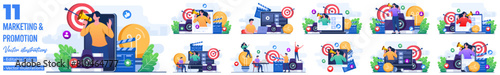 Set of flat illustrations of video advertising, Video marketing, Digital marketing, Social media marketing, business promotion, E-commerce, Influencer marketing, Endorsement, Marketing Strategy 