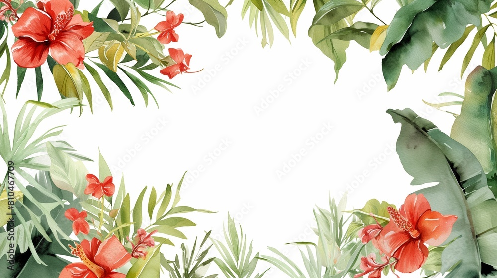 Tropical border watercolour framed flowers with orange and green coloured leaves
