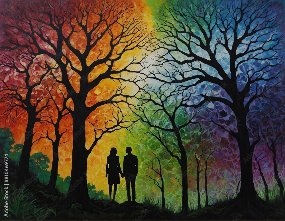 Black silhouette of a man and woman holding hands next to large trees on a hillside with vibrant multi-colored rainbow background