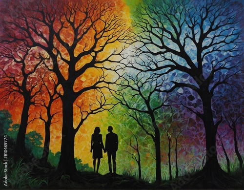 Black silhouette of a man and woman holding hands next to large trees on a hillside with vibrant multi-colored rainbow background