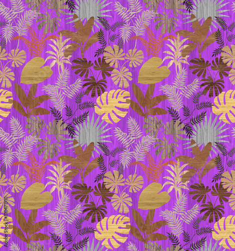 Seamless long pattern leaf graphics variety of types on colorfur texture tone wooden surface with tropical leaves used for decorative design.	
 photo