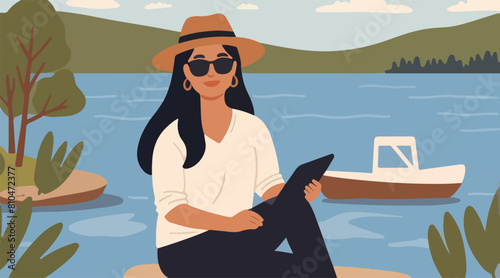 Vector Flat Illustration of a Freelancer Working While on Vacation - Embracing the Workation Lifestyle and Digital Nomad Theme.