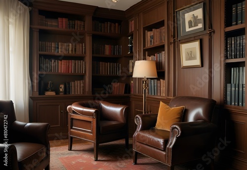 Cozy, book-lined office den with a classic leather chair and rich wooden desk, generative AI