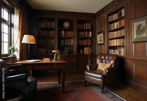 Cozy, book-lined office den with a classic leather chair and rich wooden desk, generative AI