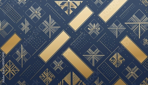 Precisely arranged Gifts form a Grid pattern. Modern Navy Blue and Gold Christmas Seasonal Background with copy-space. photo