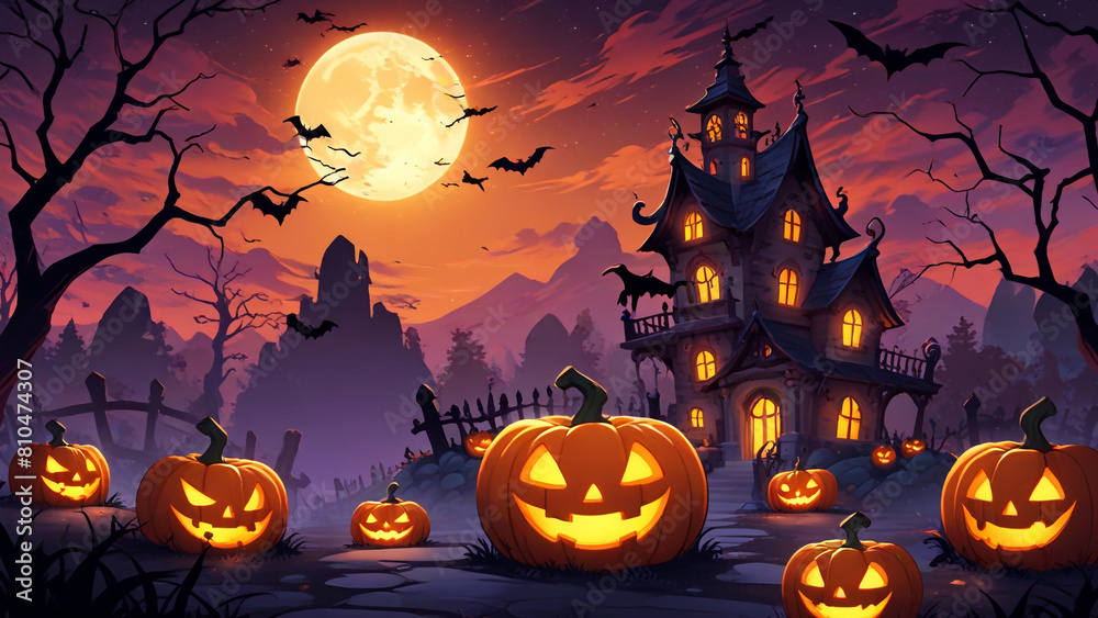 Pumpkins In Graveyard In The Spooky Night, Halloween Background