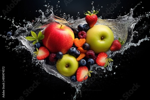 Vibrant Fruits Forming Heart Shapes, Accompanied by Splashes of Water, Brimming with Essential Vitamins