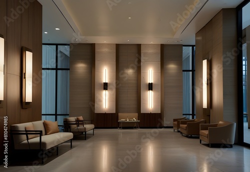 Elegant office lobby with soft  ambient wall sconces  generative AI