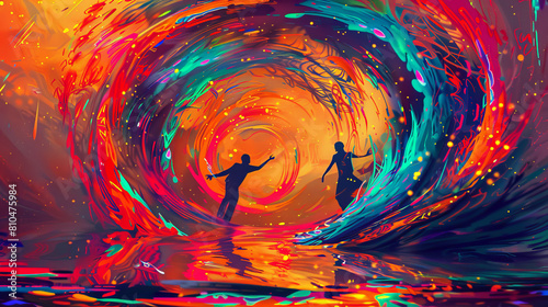 A colorful painting of two people in a wave