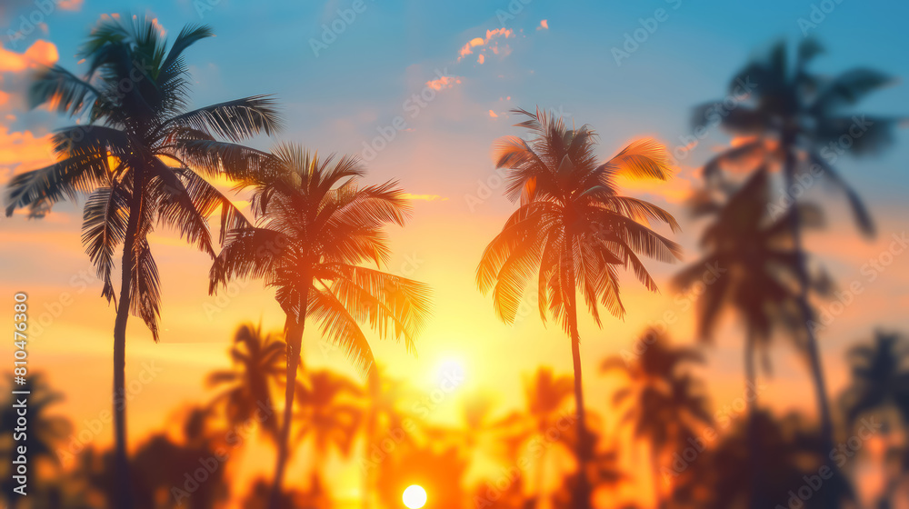 Tropical sunset with silhouette palm trees against an orange sky, evoking a warm, relaxing vibe.