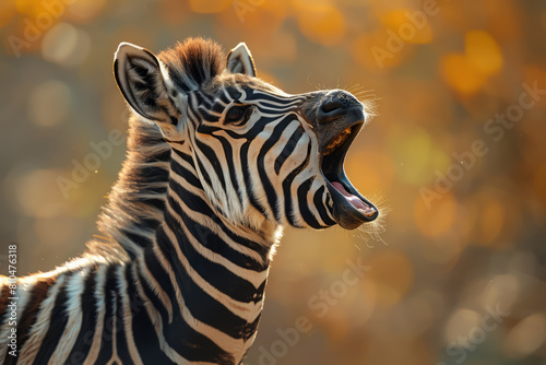 Young zebra vocalizing in golden light with soft focus autumnal background.