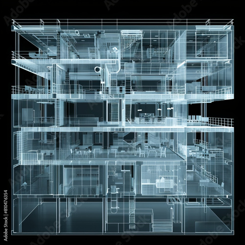 A 3D model of a building with many floors and a lot of windows