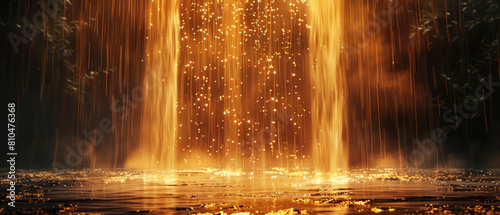 Golden shower of sparks and embers descending gently over a reflective water surface at night.