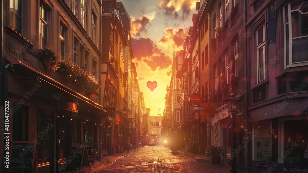 Love's Beacon Radiant Heart in a Rustic Street

