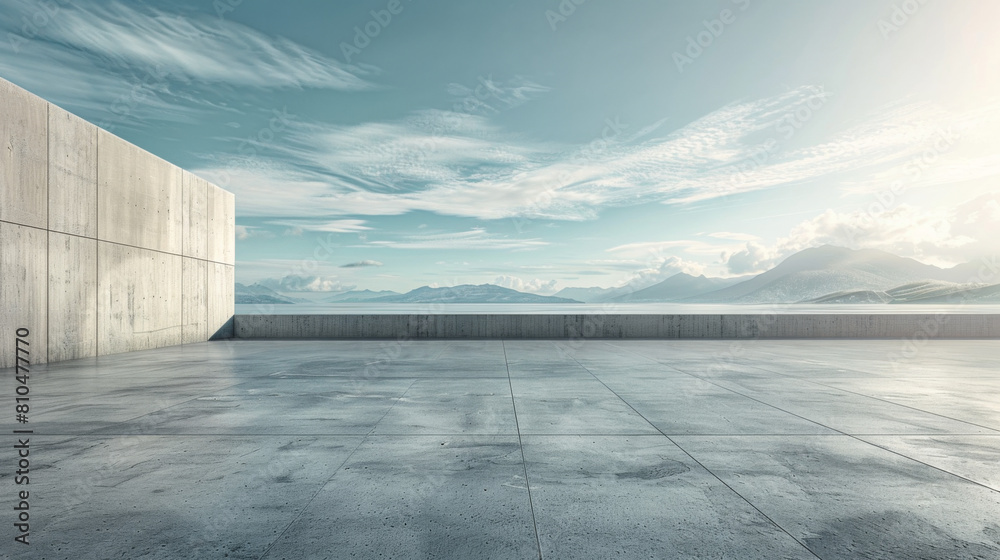 A large empty concrete slab with a view of the ocean and mountains A large empty concrete slab with a view of the ocean and mountains