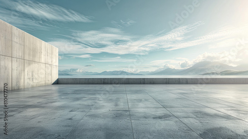 A large empty concrete slab with a view of the ocean and mountains