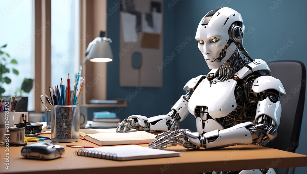 A strong artificial intelligence machine futuristic robot sitting at a desk and reading a new concept book on a home office blur background A strong artificial intelligence machine futuristic robot sitting at a desk and reading a new concept book on a home office blur background