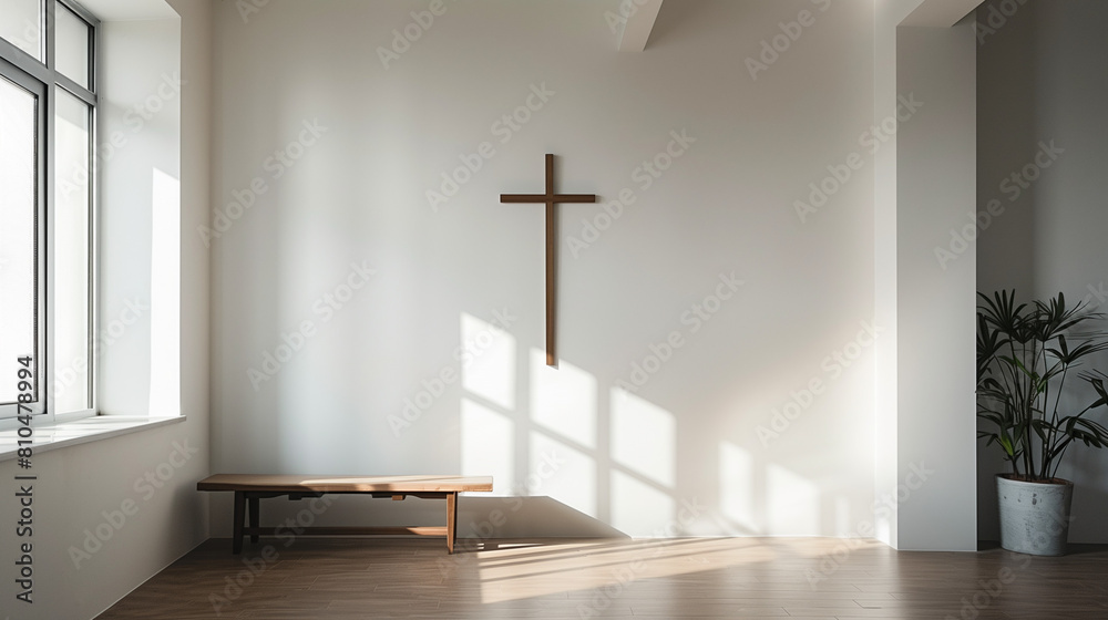 Naklejka premium The cross statue is attached to the living room wall, the statue is placed symmetrically in the middle of the clean white wall, Ai generated Images