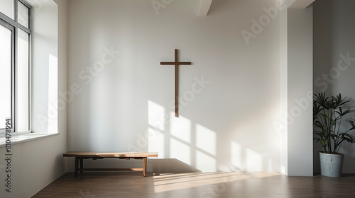 The cross statue is attached to the living room wall, the statue is placed symmetrically in the middle of the clean white wall, Ai generated Images
