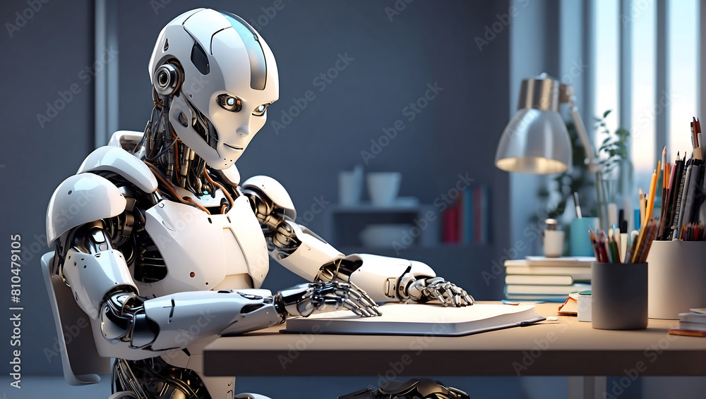 A strong artificial intelligence machine futuristic robot sitting at a desk and reading a new concept book on a home office blur background A strong artificial intelligence machine futuristic robot sitting at a desk and reading a new concept book on a home office blur background