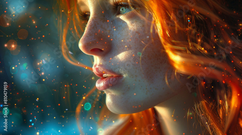 An attractive, foxy ginger girl immersed in her vivid imagination.