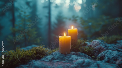 Candles burning on rugged terrain with soft, glowing light amidst a foggy, enchanted forest.