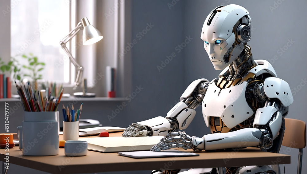 Fototapeta premium A strong artificial intelligence machine futuristic robot sitting at a desk and reading a new concept book on a home office blur background