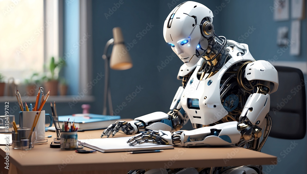A strong artificial intelligence machine futuristic robot sitting at a desk and reading a new concept book on a home office blur background A strong artificial intelligence machine futuristic robot sitting at a desk and reading a new concept book on a home office blur background