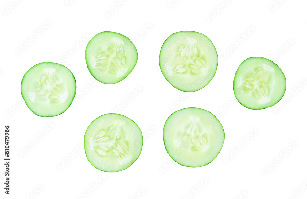 Top view set of green cucumber slices or pieces isolated on white background with clipping path Top view set of green cucumber slices or pieces isolated on white background with clipping path