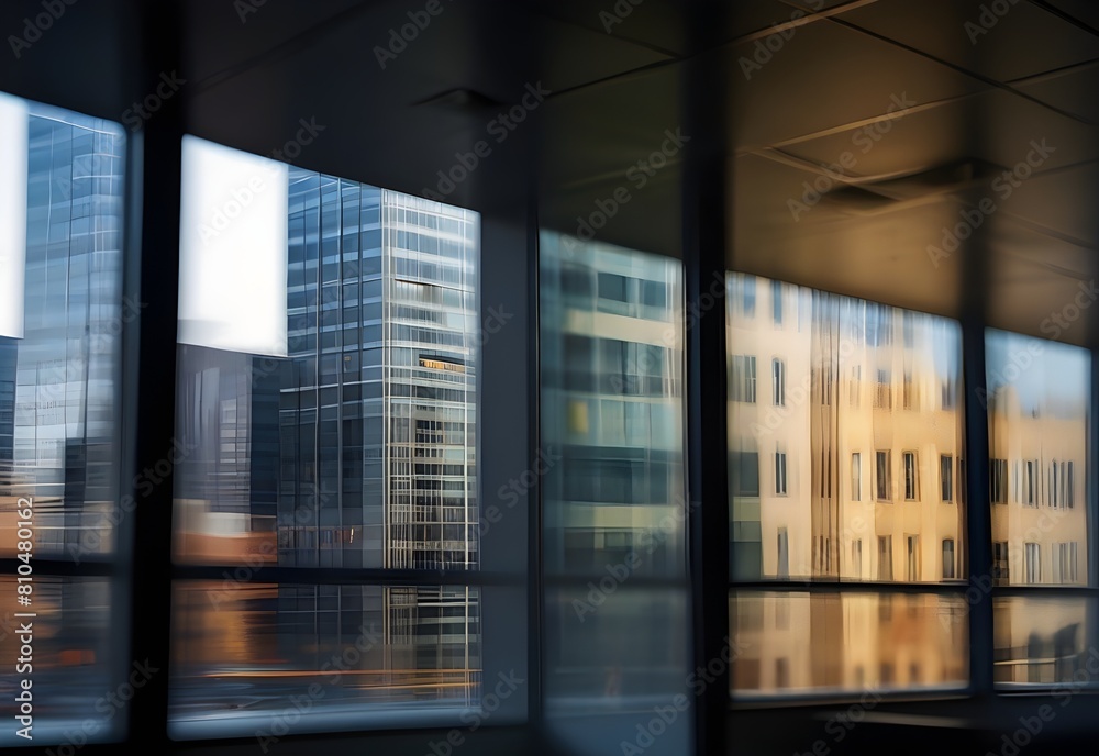 Artistic blur of office windows, reflections of the bustling city outside, generative AI