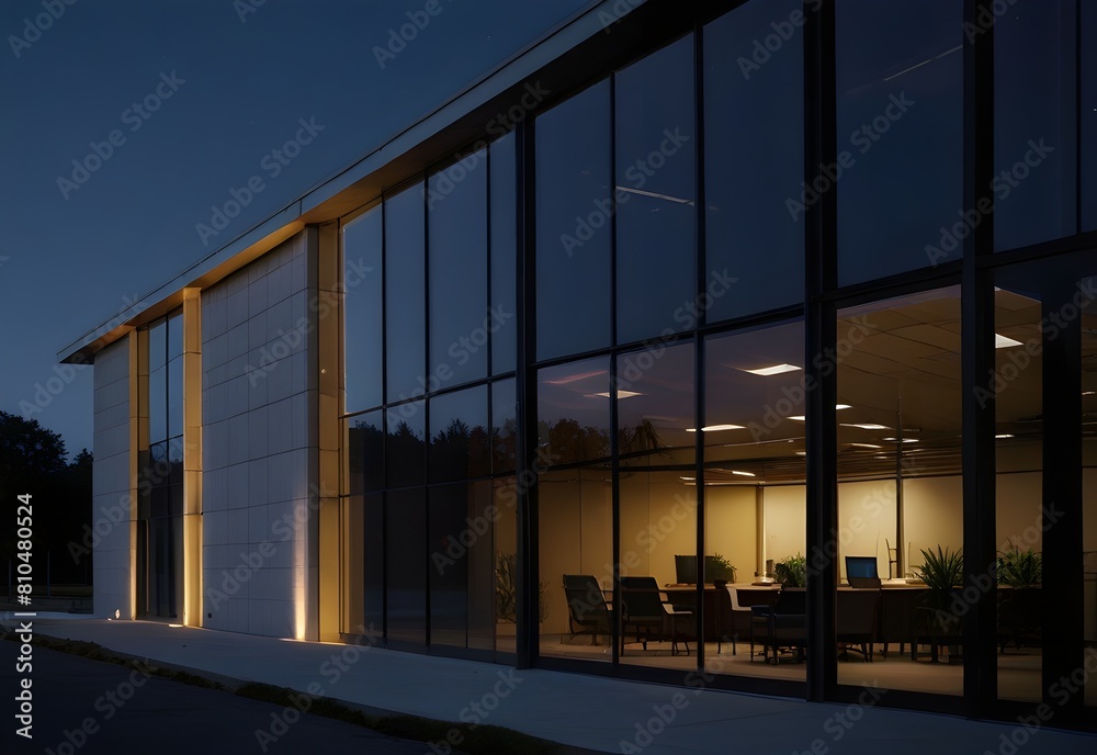 Nighttime office exterior, windows aglow with energy-efficient lighting, generative AI Nighttime office exterior, windows aglow with energy-efficient lighting, generative AI