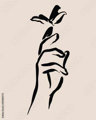 vector sketch illustration of a butterfly perched on a hand