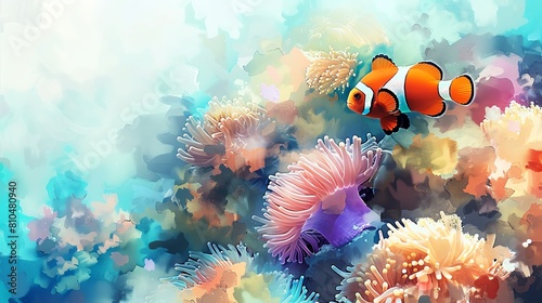 Illustrate the playful nature of a clownfish navigating a colorful coral reef with dynamic watercolor strokes Highlight the contrast between the fish and its surroundings © sk.crafted