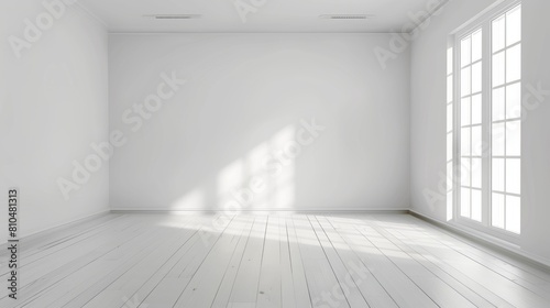 White empty room with white walls and light parquet floors, vector illustration.