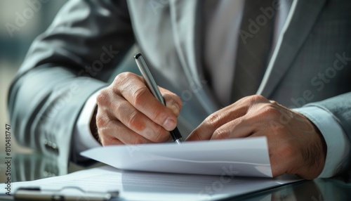 Conceptualize a male business head in a light grey suit, torso visible, with a pen held aloft, ready to annotate documents photo