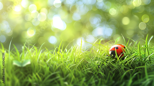 closeup view of ladybug on bokeh grass background