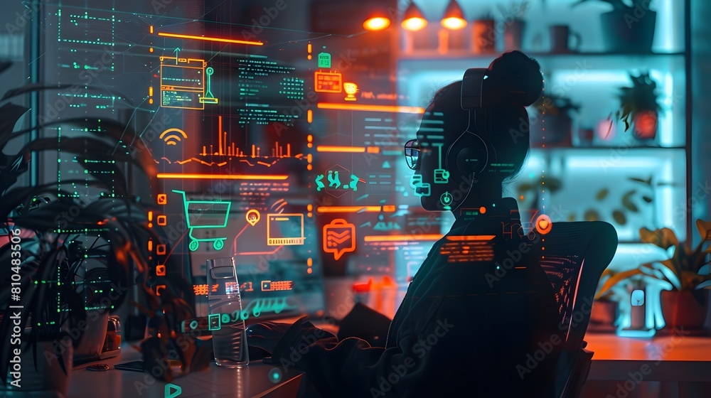Fototapeta premium Silhouetted professional figure surrounded by futuristic digital interface and data visualization elements depicting a work from home or remote work