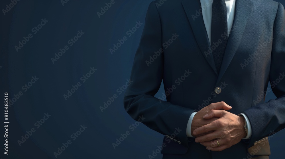 Render a male CEO, attired in a navy blue business suit, torso visible, with hands joined in an expression of readiness