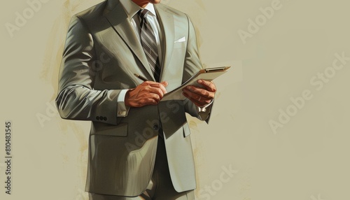 Render a male CEO, attired in a light grey suit, torso visible, penning observations
