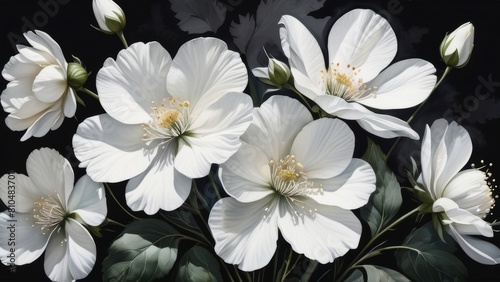 white flowers on black background