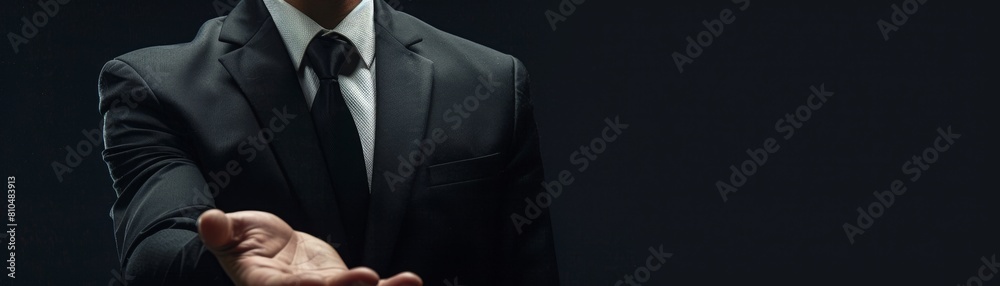 Produce an image of a male business mogul in a black suit, showing torso, inviting suggestions with an open palm Produce an image of a male business mogul in a black suit, showing torso, inviting suggestions with an open palm