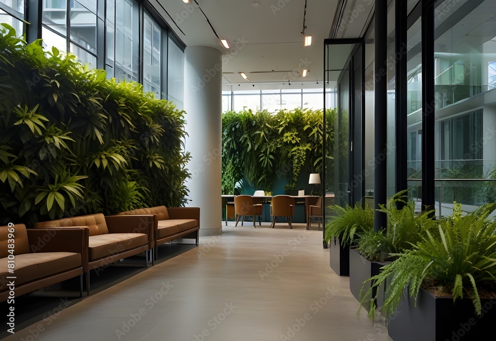 Green office spaces filled with lush plants and sustainable design elements, generative AI Green office spaces filled with lush plants and sustainable design elements, generative AI