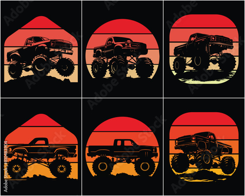 Tractor silhouette in the style of vector black monochrome tractor retro vintage sunset bundle