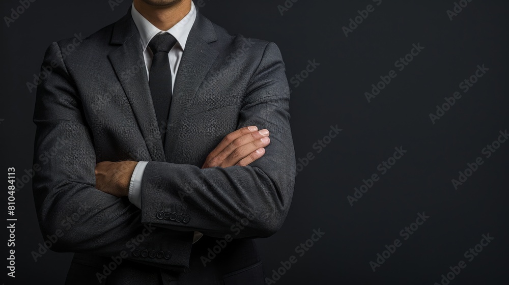 Produce an image of a male business leader in a charcoal grey suit, showing torso, with one hand on the other arm Produce an image of a male business leader in a charcoal grey suit, showing torso, with one hand on the other arm