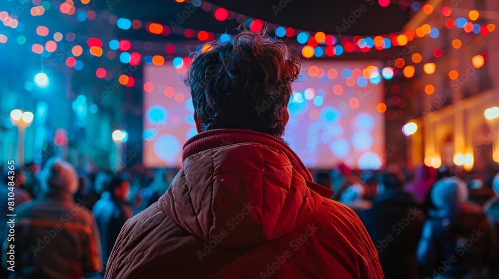 Back view of a man in red jacket watching a film at a vibrant outdoor cinema, crowd illuminated by screen light.