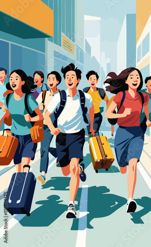 A spirited group of individuals racing down the road, lugging their bags behind them, eager to reach their destination