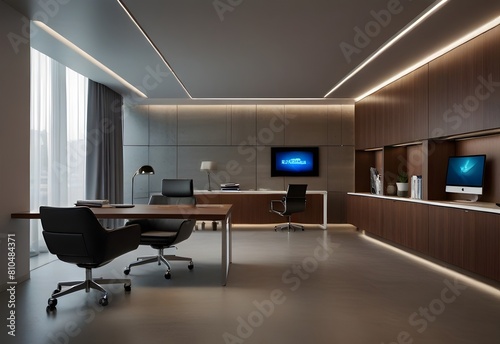 Sleek corporate office interior  modern furniture with high-tech ambiance  generative AI