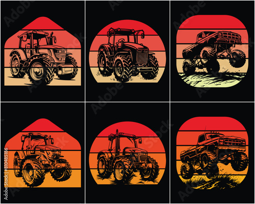 Tractor silhouette in the style of vector black monochrome tractor retro vintage sunset bundle