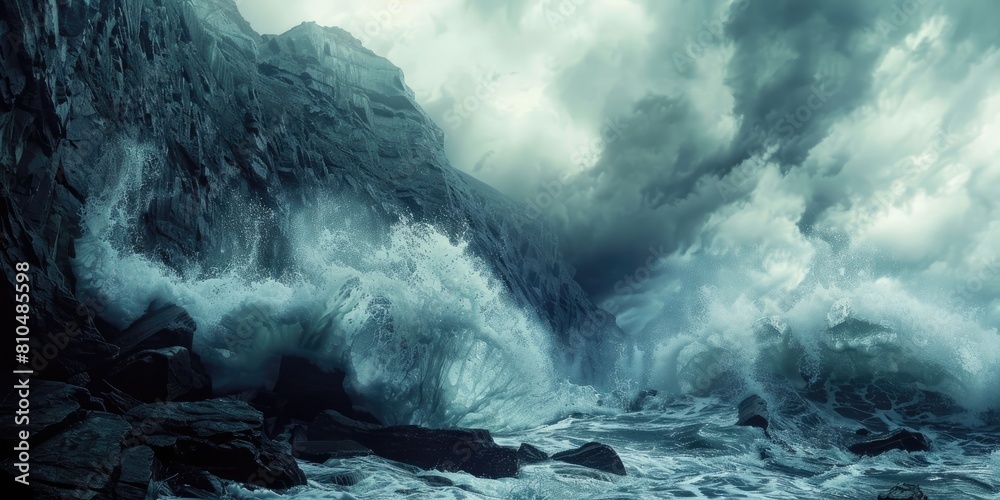 Obraz premium Waves crashed against the rocky shore