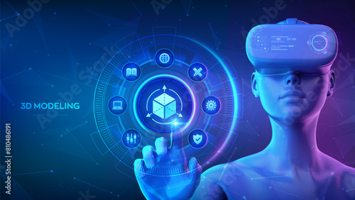 3d modelling. 3D software. Engineering process, modern IT technology. Three dimensional project. Girl wearing VR headset glasses touching digital interface with 3D software icon. Vector illustration.